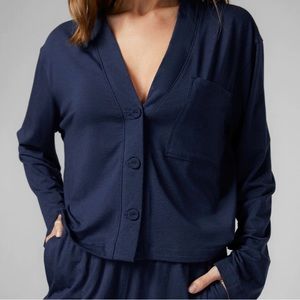 LUNYA navy blue long sleeve pajama sleep top, good in bed, organic cotton, L